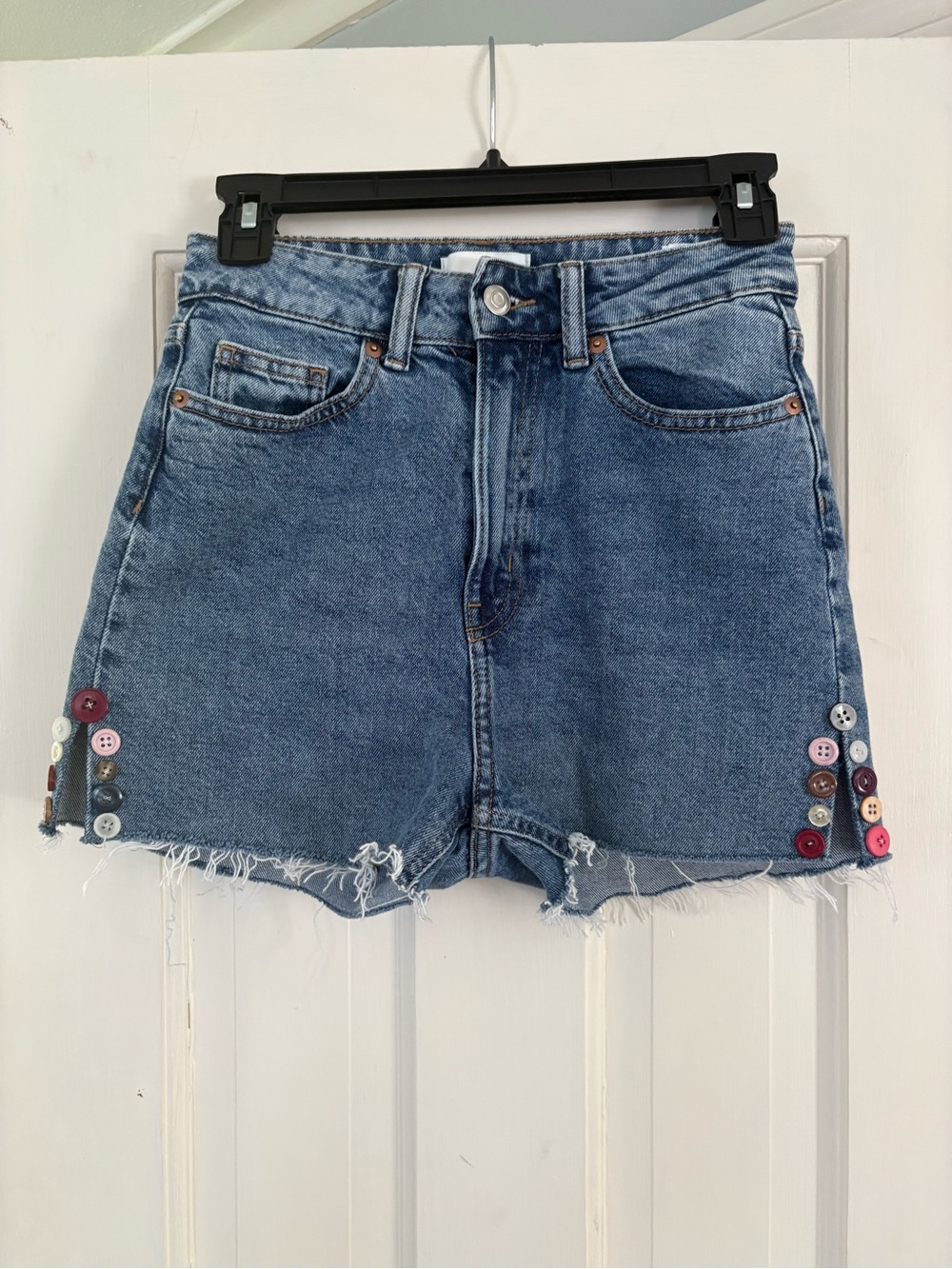 H&M Blue Denim High-Rise Jean Shorts with Multicolor Button Accents